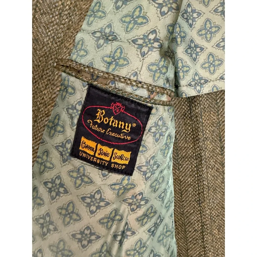 Vintage 60s Botany Future Executive Green Herringbone Wool Tweed Blazer 42R